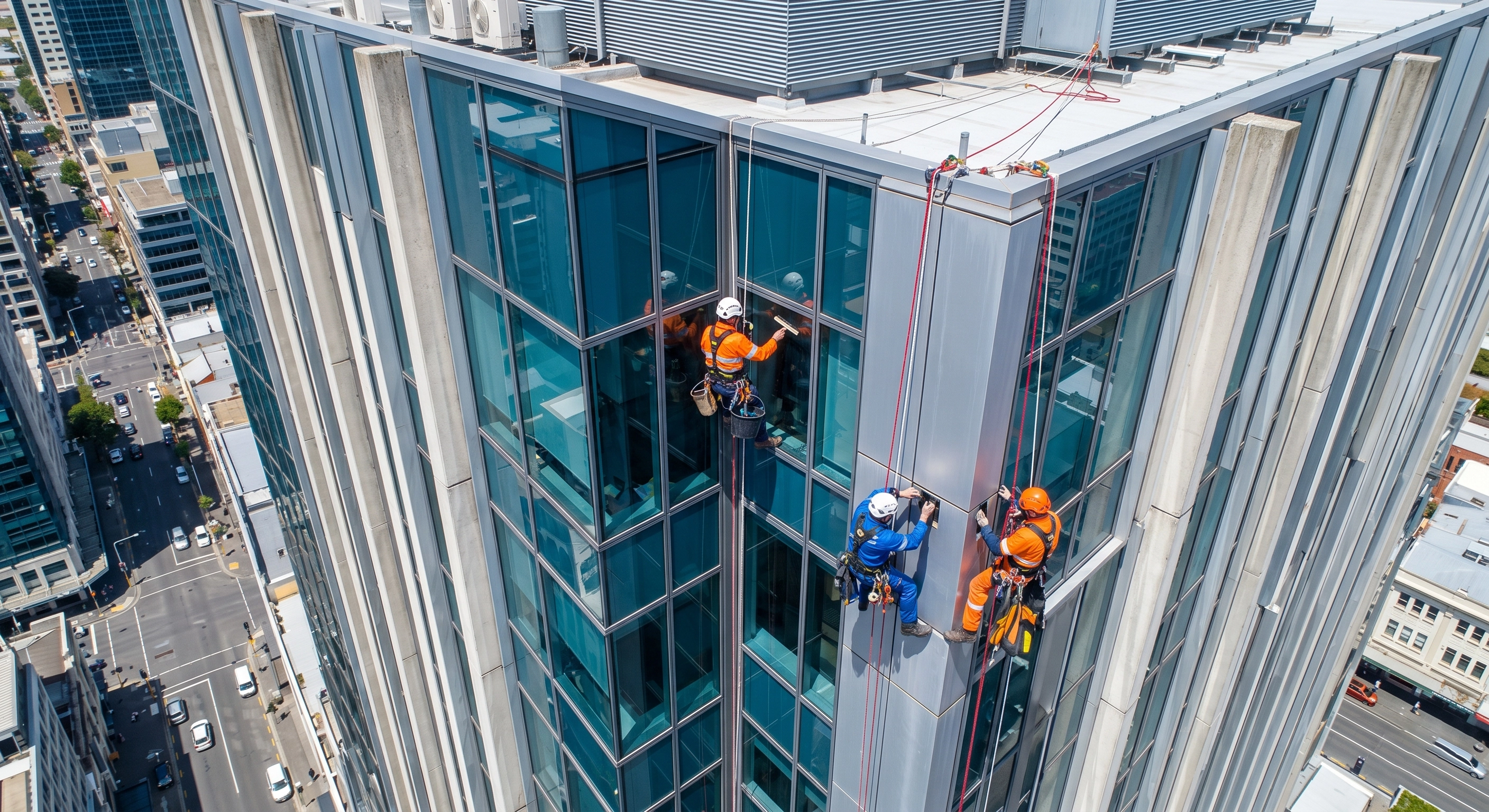 Rope access workers on high-rise building facade