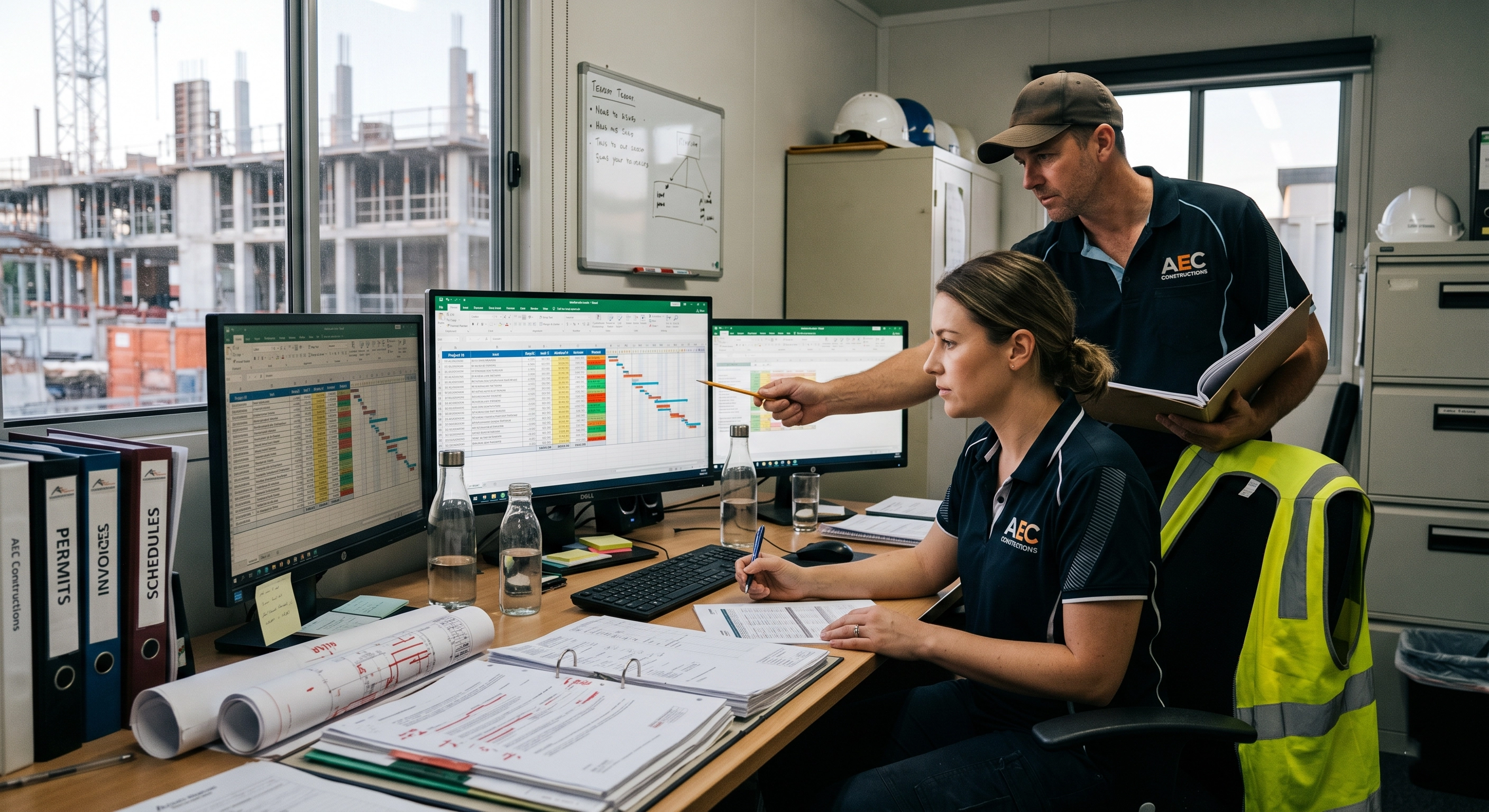 Site office with spreadsheets and paperwork