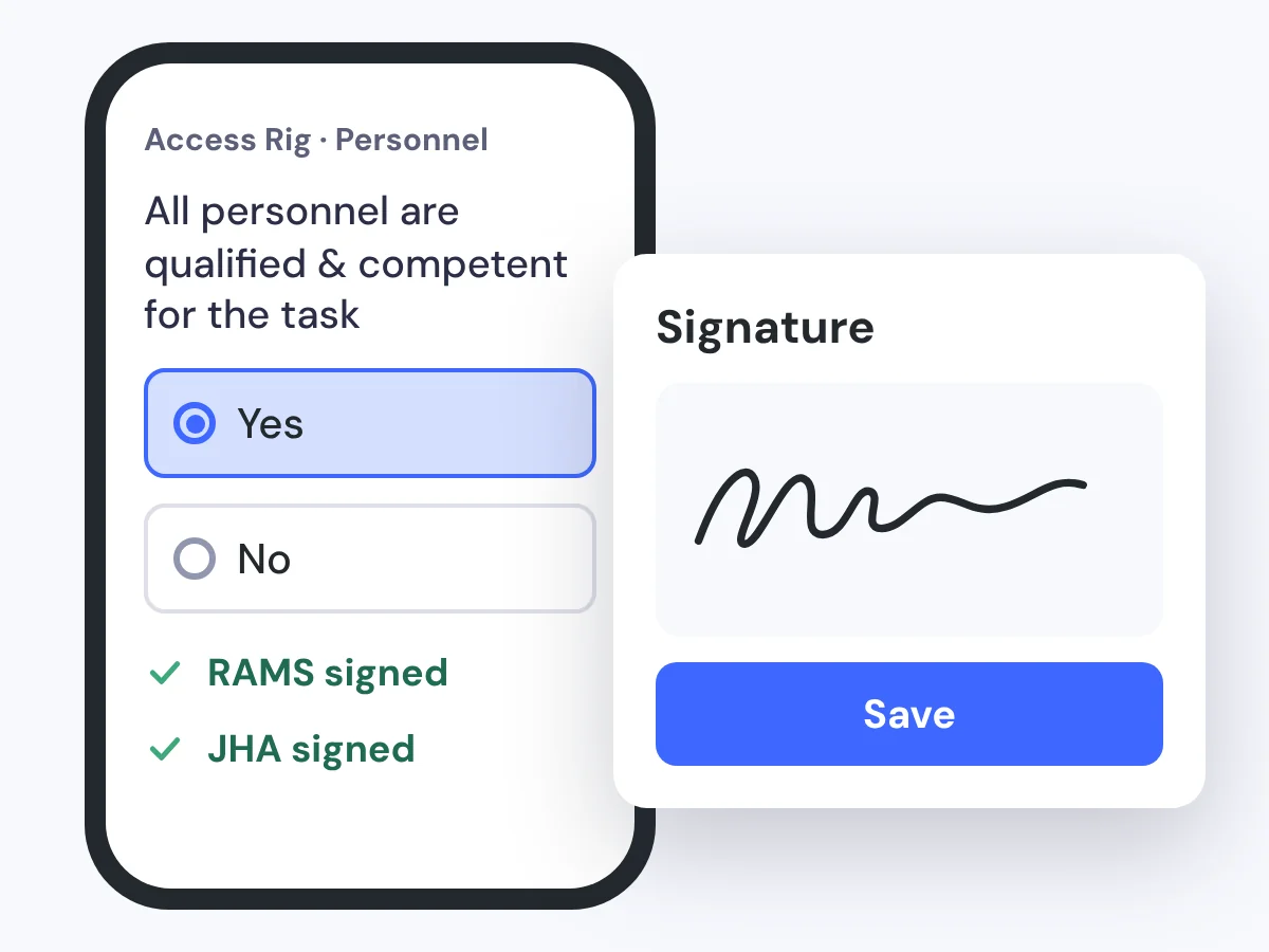 Un formulario en el móvil que confirma que todo el personal está cualificado y es competente para la tarea, con los RAMS y el JHA firmados, junto a un recuadro de firma electrónica.
